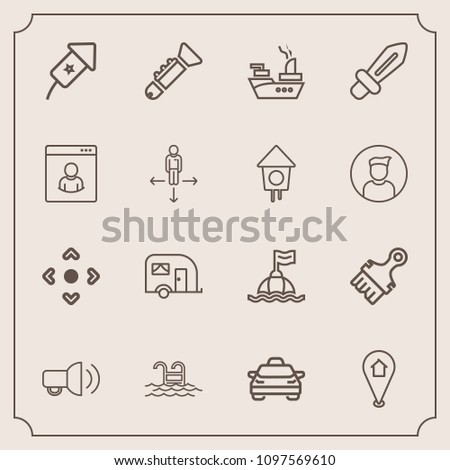 Modern, simple vector icon set with van, military, travel, transport, bugle, map, celebration, swimming, pin, location, blade, background, button, knight, ship, communication, , water, festival icons
