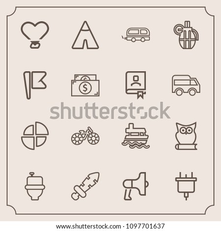Modern, simple vector icon set with tent, heart, loud, sea, cycle, ocean, bird, speaker, megaphone, electric, bathroom, wheel, plug, ship, pie, technology, blade, wc, bike, knight, vehicle, owl icons