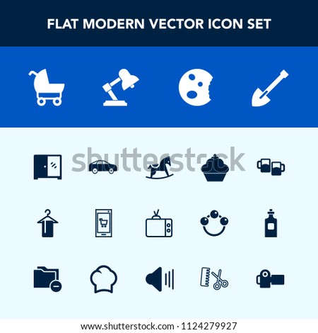 Modern, simple vector icon set with construction, child, app, carriage, tool, cabinet, beer, lamp, mobile, equipment, food, doughnut, horse, television, highway, alcohol, camera, tv, cake, left icons