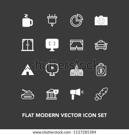 Modern, simple vector icon set on dark background with video, money, media, sale, cup, power, knight, medieval, army, megaphone, pie, religion, camp, tank, communication, church, outdoor, travel icons