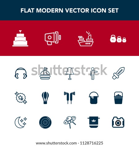 Modern, simple vector icon set with equipment, sword, kilogram, weapon, sandwich, blade, dessert, speaker, ribbon, knight, loud, people, lunch, sweet, parachute, audio, white, pie, ship, weight icons