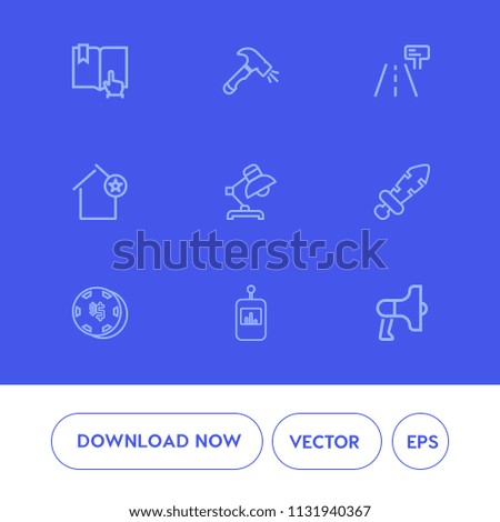 Modern, simple vector icon set on blue background with apartment, medieval, lamp, sword, knight, announcement, road, hammer, page, open, remote, favorite, traffic, loud, television, education icons