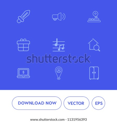 Modern, simple vector icon set on blue background with sword, antique, holiday, war, speech, loud, gift, megaphone, battle, steel, cupboard, medieval, home, communication, sound, ancient, estate icons