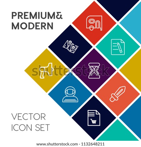Modern, simple vector icon set on colorful flat background with loudspeaker, market, clock, announcement, spacesuit, timer, business, speaker, transport, office, time, truck, megaphone, medieval icons