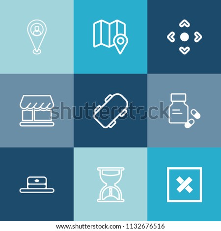 Modern, simple vector icon set on colorful blue backgrounds with location, skateboarder, skate, cap, extreme, timer, technology, market, vitamin, white, background, hour, fashion, sign, map, hat icons