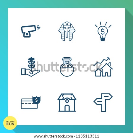 Modern, simple vector icon set on gradient background with house, life, growth, building, increase, pharaoh, egyptian, tool, black, success, egypt, estate, cannon, laboratory, seedling, way, war icons