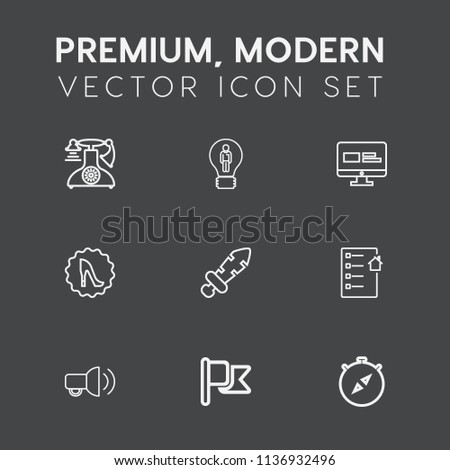 Modern, simple vector icon set on dark grey background with nation, knight, call, north, old, phone, computer, retro, national, circle, weapon, flag, compass, creative, antique, vintage, estate icons