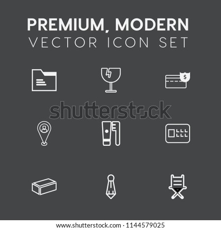 Modern, simple vector icon set on dark grey background with open, health, seat, object, shattered, office, care, folder, blank, material, construction, suit, business, pattern, brush, fashion icons