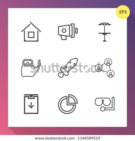Modern, simple vector icon set on gradient background with house, pub, water, knight, business, modern, steam, sign, kitchen, mask, display, medieval, estate, web, sword, megaphone, pie, speaker icons