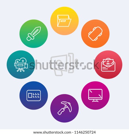 Modern, simple vector icon set on colorful circle backgrounds with retro, camera, screen, megaphone, speaker, medieval, sign, safety, folder, announcement, blank, announce, message, mail, lock icons