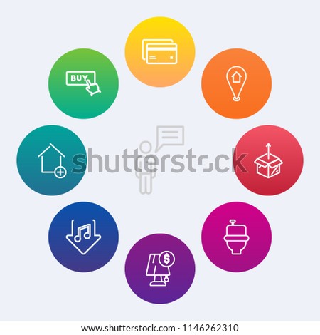 Modern, simple vector icon set on colorful circle backgrounds with message, plastic, package, web, wc, restroom, toilet, money, internet, light, property, button, new, travel, chat, electricity icons