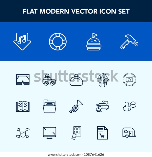 Modern, simple vector icon set with download, book,\
internet, construction, culture, shovel, sandwich, travel, trumpet,\
bag, fashion, pool, white, music, sign, egypt, sound, shorts,\
style, jazz icons