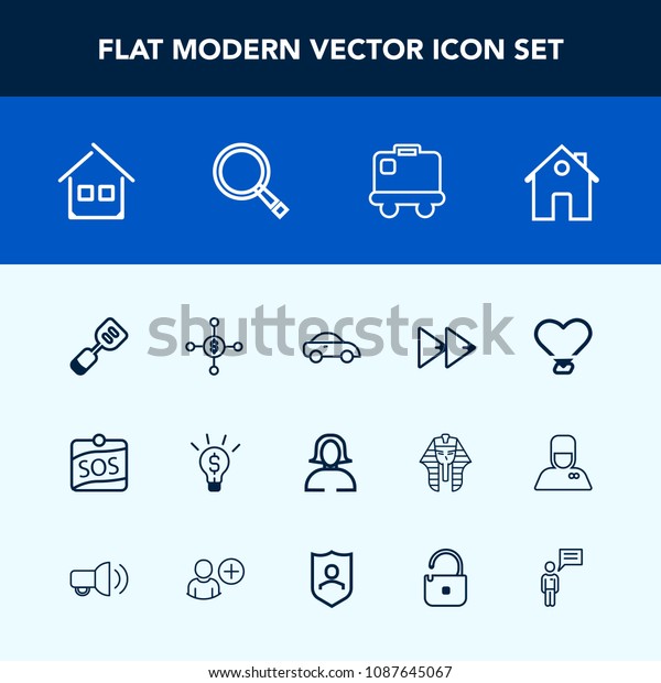 Modern, simple vector icon set with house, travel,
transport, player, utensil, woman, love, architecture, airport,
home, estate, face, money, taxi, building, real, young, luggage,
audio, music icons