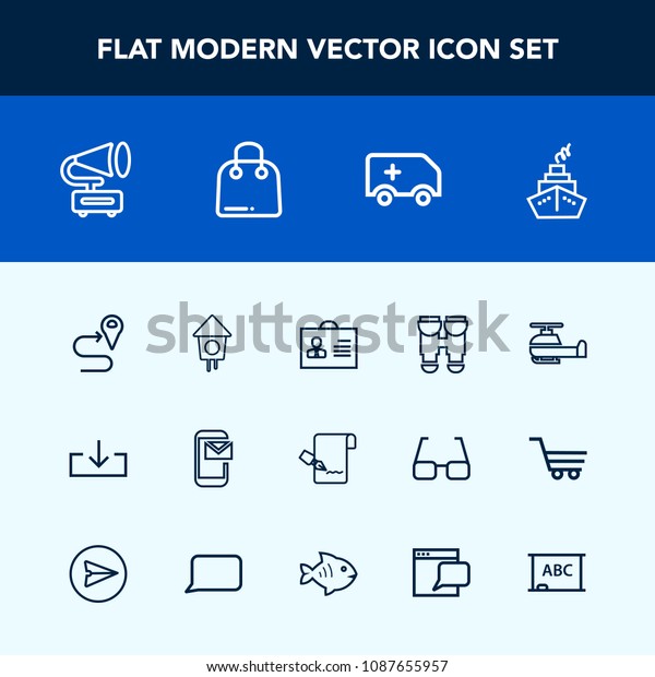 Modern, simple vector icon set with list, record,\
route, medical, house, document, vintage, profile, retro, paper,\
road, transportation, vision, view, aviation, music, bird,\
emergency, travel, \
icons