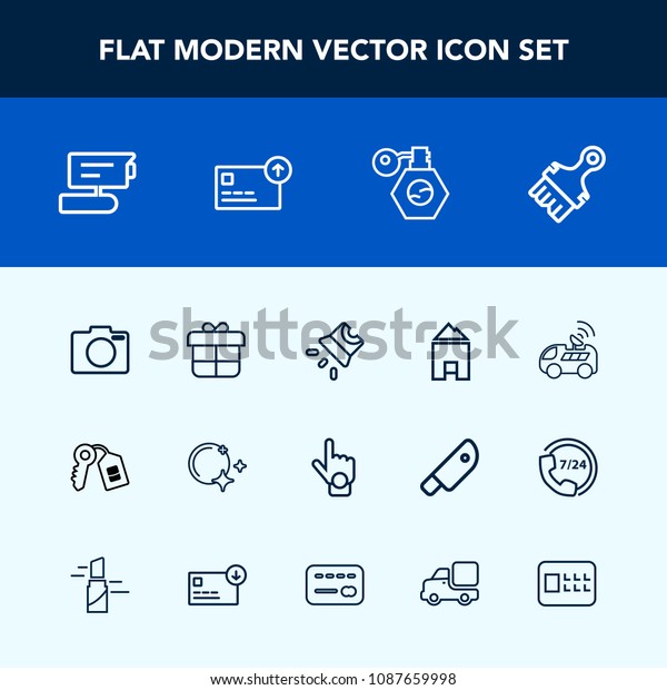 Modern, simple vector icon set with hand, key,\
perfume, beauty, satellite, box, index, home, safe, projector,\
gift, bottle, cash, bank, night, gesture, door, navigation, camera,\
video, tv, sky,  icons
