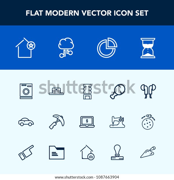 Modern, simple vector icon set with crane, screen,\
picking, cold, transportation, headset, favorite, house, drink,\
computer, time, container, sound, industry, fast, vehicle, laundry,\
snack, hat icons