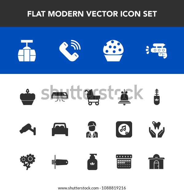 Modern, simple vector icon set with building, real,\
conditioning, game, baby, male, sky, alarm, security, bell, boy,\
child, sweet, makeup, cake, fashion, pram, notification, call,\
pistol, button icons