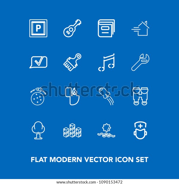 Modern, simple vector icon set on blue background\
with storage, surgeon, environment, house, medical, tree, hospital,\
morning, vision, education, optical, nature, book, transport,\
industrial icons