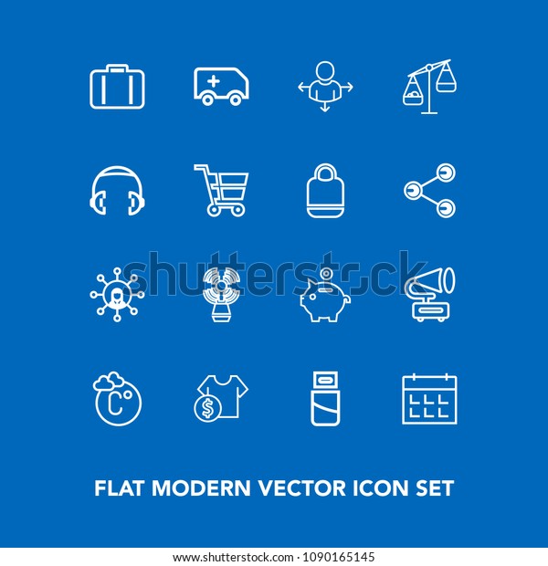 Modern, simple vector icon set on blue background\
with computer, finance, direction, retro, price, screen, calendar,\
timetable, medical, thermometer, plug, airport, cable, luggage,\
vintage, sale icons