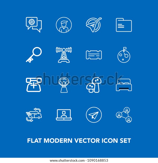 Modern, simple vector icon set on blue background\
with musical, business, hot, nature, folder, message,\
transportation, telephone, mushroom, call, delivery, display, chat,\
video, paper, string\
icons