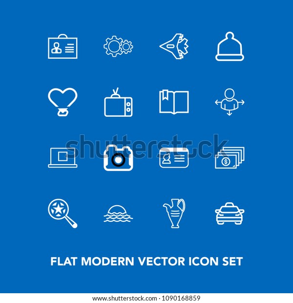 Modern, simple vector icon set on blue background
with document, jug, finance, pottery, photographer, identification,
action, woman, search, jet, nature, transport, taxi, magnifying,
landscape icons