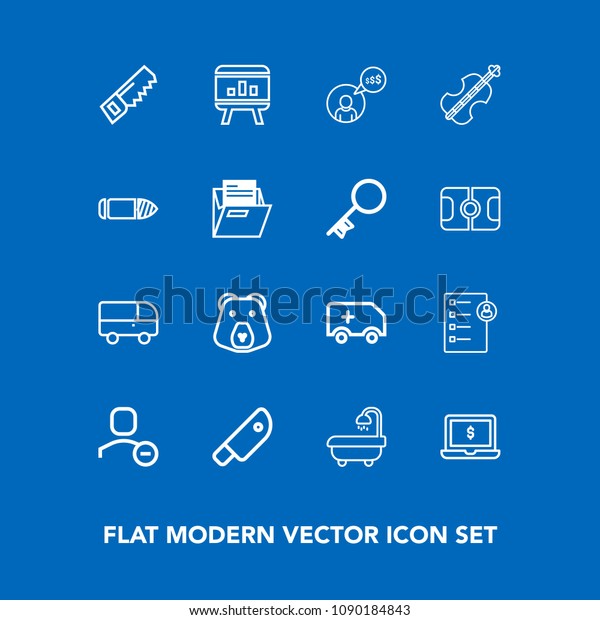 Modern, simple vector icon set on blue background\
with nature, speed, medical, wild, kitchen, freelance,\
transportation, rescue, modern, business, bus, checklist,\
construction, knife, interior\
icons