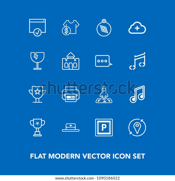 Modern, simple vector icon set on blue background\
with sale, music, street, add, cup, shuttle, award, space, price,\
success, page, note, internet, transport, printer, vehicle, cloud,\
fashion icons