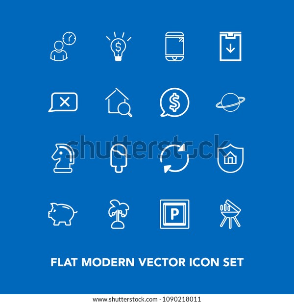 Modern, simple vector icon set on blue background\
with arrow, protect, chess, grill, game, leaf, car, refresh, home,\
finance, idea, hour, concept, phone, ice, house, dessert, horse,\
work, nature icons