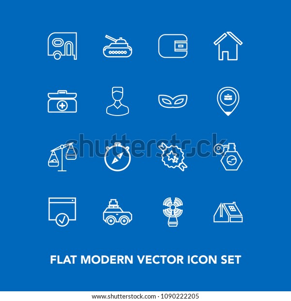 Modern, simple vector icon set on blue background\
with gun, suitcase, beauty, van, sea, war, tank, army, car,\
construction, perfume, cash, delivery, seamark, direction,\
lighthouse, compass, sign\
icons
