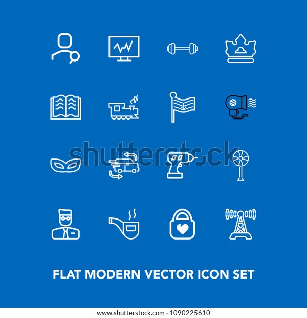Modern, simple vector icon set on blue background\
with business, air, diagnostic, tobacco, carnival, music, sport,\
technology, retro, workout, fan, account, profile, celebration,\
pipe, bag, mask icons