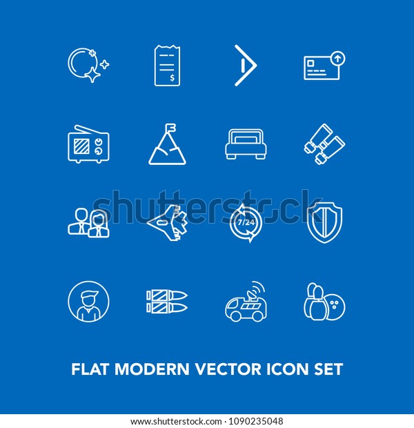 Modern, simple vector icon set on blue background\
with help, vehicle, support, boy, team, call, game, technology,\
protection, gun, bullet, financial, plane, pin, moon, security,\
bill, protect icons