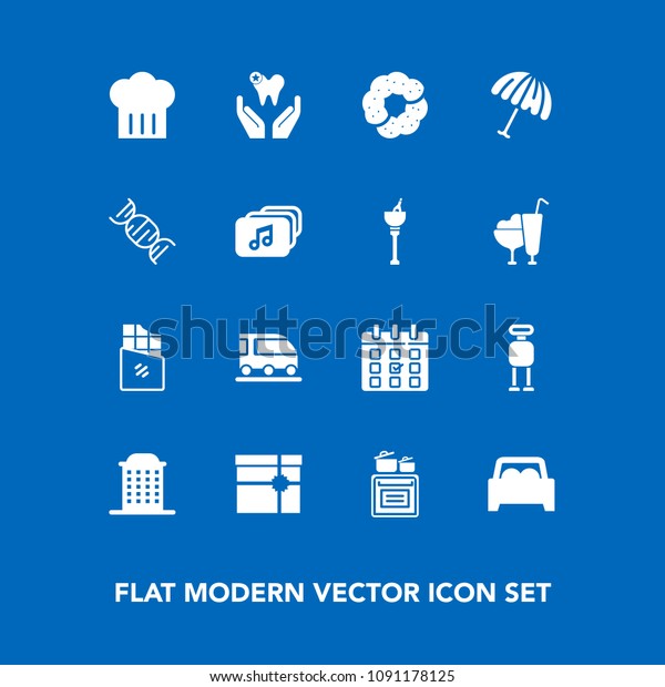 Modern, simple vector icon set on blue background\
with modern, kitchen, dental, city, bar, calendar, cooking,\
dessert, chocolate, parasol, weather, umbrella, cyborg, vehicle,\
dentist, oven, food\
icons