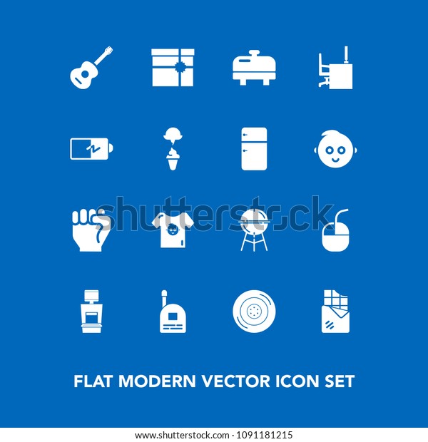 Modern, simple vector icon set on blue background\
with box, barbecue, technology, heater, food, equipment, grill,\
guitar, people, scan, young, kid, mouse, machine, communication,\
meat, gift, bbq icons
