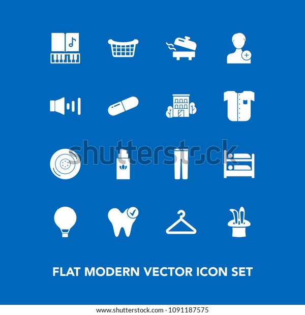 Modern, simple vector icon set on blue background\
with trousers, dentist, musical, car, clothing, cloakroom, note,\
clothes, water, sky, automobile, bottle, health, wheel, fashion,\
home, magic icons