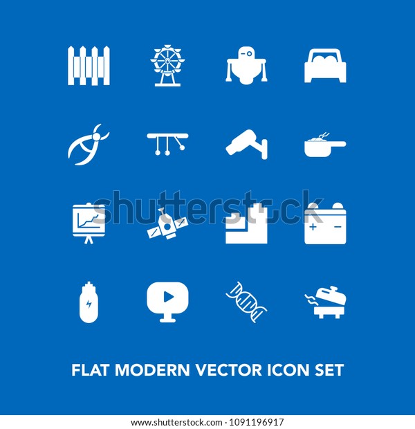 Modern, simple vector icon set on blue background\
with robot, wall, london, lifestyle, business, toy, document,\
video, dentistry, cyborg, play, dentist, clinic, report, space,\
water, concept icons