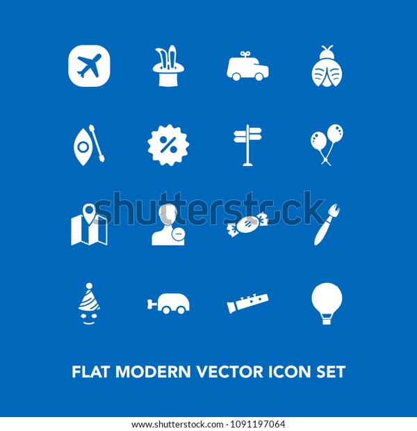 Modern, simple vector icon set on blue background\
with account, profile, baby, kayak, sky, extreme, road, user, toy,\
travel, sweet, parachuting, food, party, carriage, car, airplane,\
brush, bug icons