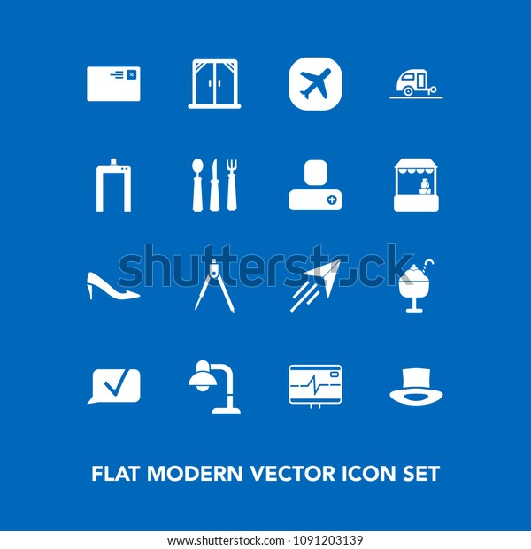 Modern, simple vector icon set on blue background\
with scan, fly, journey, trailer, vacation, plane, shoe, divider,\
house, health, female, mail, interior, food, home, engineering,\
internet, xray icons