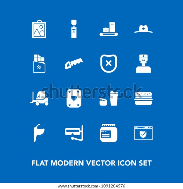 Modern, simple vector icon set on blue background\
with picture, truck, glass, cowboy, sink, car, cargo, security,\
jam, game, image, sheriff, check, food, snorkel, cup, hamburger,\
west, cafe, sea icons