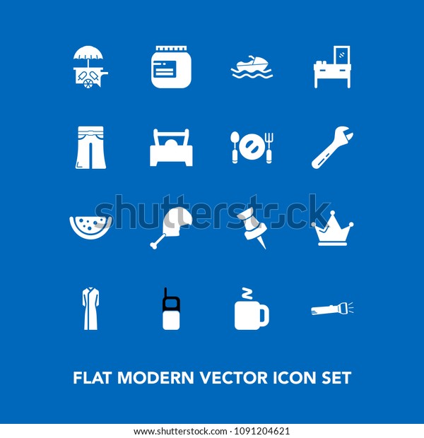 Modern, simple vector icon set on blue background\
with queen, telephone, hot, interior, food, glass, jam, elegant,\
cabinet, vessel, flashlight, ice, map, royal, woman, car, meat,\
sea, home, old icons