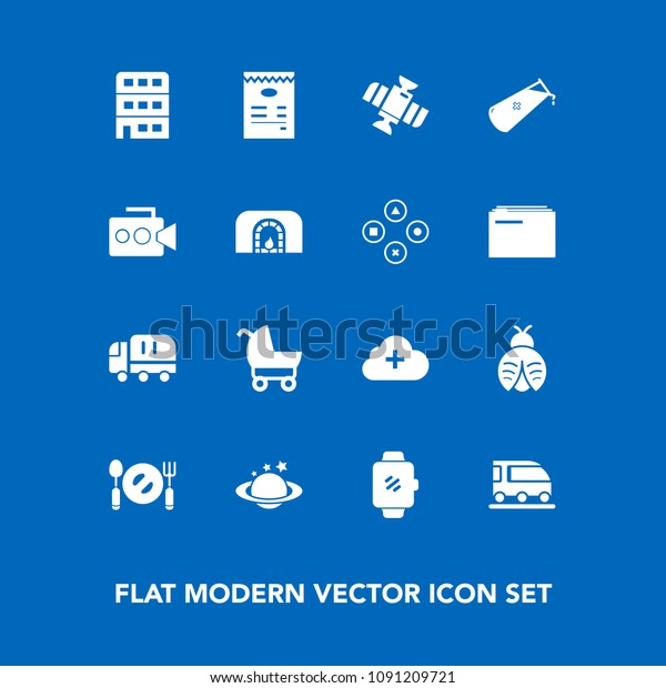 Modern, simple vector icon set on blue background\
with butterfly, earth, transport, transportation, baby, car, train,\
pram, cloud, child, chemistry, station, van, screen, technology,\
camera, fly icons
