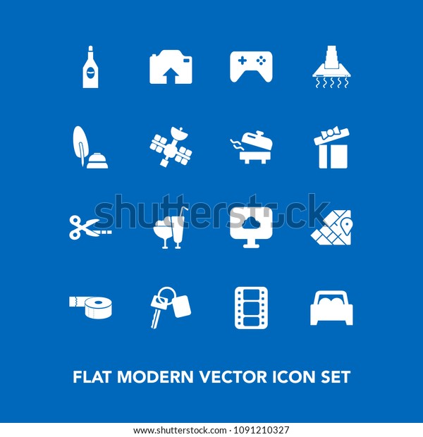 Modern, simple vector icon set on blue background\
with photo, joystick, calligraphy, key, geography, satellite,\
automobile, sticky, wine, game, ink, tool, office, atlas, upload,\
cut, pen, hood icons