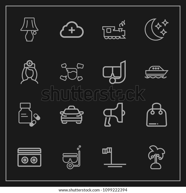 Modern, simple vector icon set on dark background\
with water, stereo, fashion, ocean, taxi, cloud, palm, speaker,\
paper, leaf, lamp, audio, medical, internet, mask, switch,\
transportation, beach\
icons