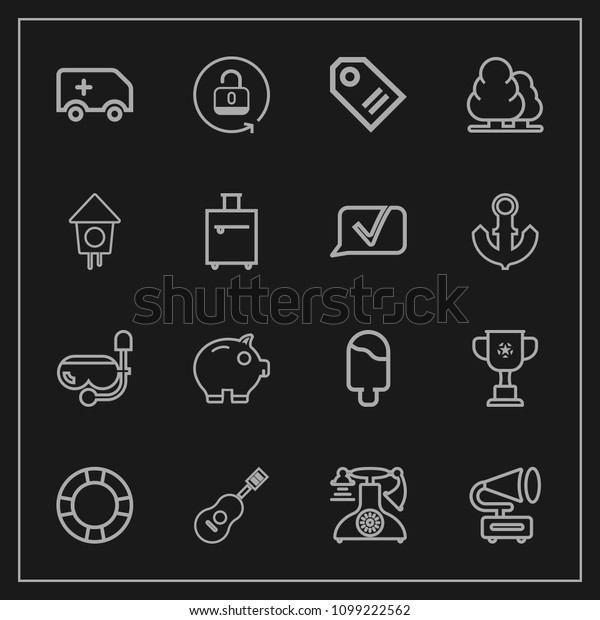 Modern, simple vector icon set on dark background\
with lock, water, tag, gramophone, emergency, championship, money,\
bank, inflatable, sound, winner, snorkel, guitar, phone, telephone,\
finance icons