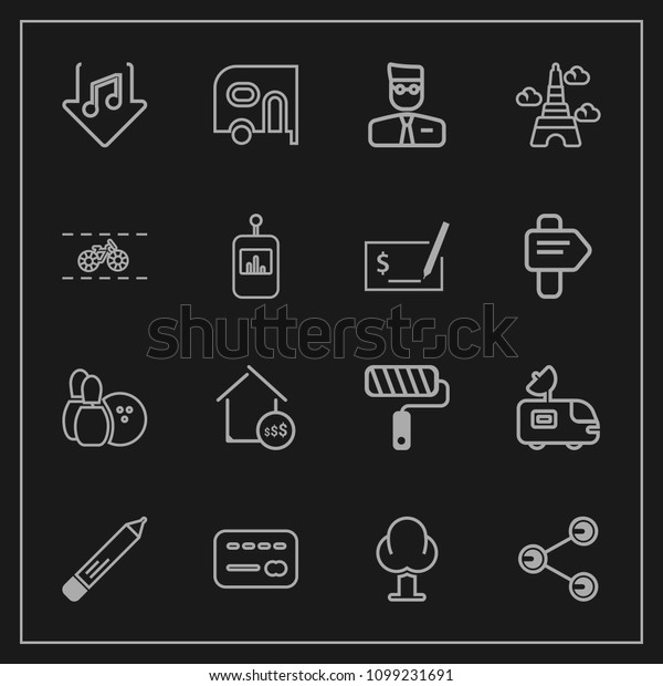Modern, simple vector icon set on dark background
with ball, web, sound, download, transportation, transport, tree,
price, money, real, satellite, bowling, estate, delivery, bank,
brush, pin, tv icons