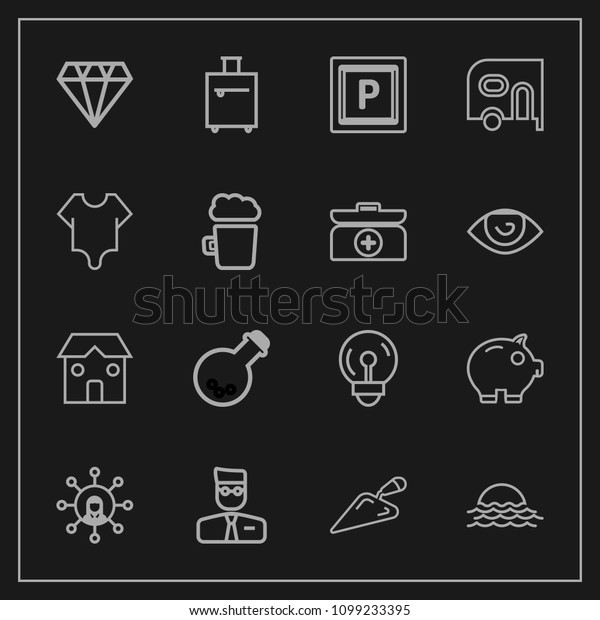 Modern, simple vector icon set on dark background\
with white, cash, technology, light, tool, bank, suitcase, economy,\
medicine, jewelry, crystal, gem, trip, nature, road, morning, user,\
bag, van icons
