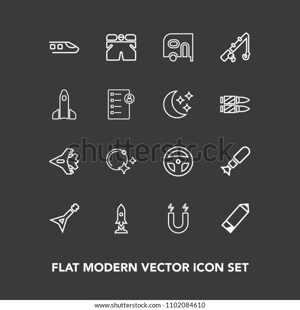 Modern, simple vector icon set on dark background\
with bomb, science, moon, jetliner, tool, airplane, musical,\
transportation, music, night, van, pole, delivery, falling, pen,\
fashion, transport\
icons