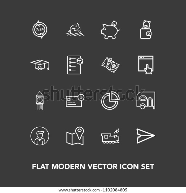 Modern, simple vector icon set on dark background
with clock, train, nature, business, wildlife, web, bag, pie,
tower, london, chart, bank, presentation, communication, railway,
call, pin, money icons