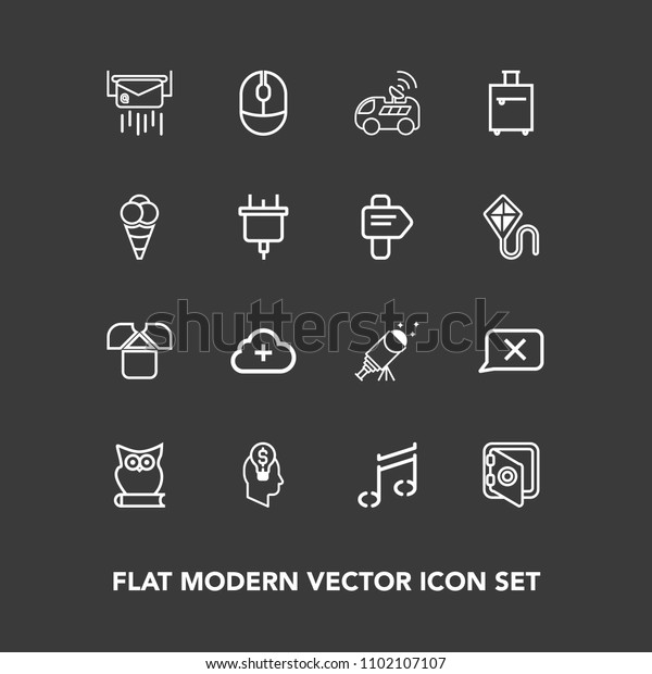 Modern, simple vector icon set on dark background
with car, sound, computer, owl, travel, mouse, luggage, astronomy,
add, idea, night, bag, tshirt, telescope, banking, concept, animal,
satellite icons
