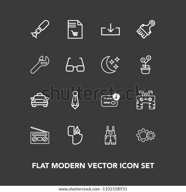 Modern, simple vector icon set on dark background
with work, car, weapon, money, wheel, uniform, dirt, market,
shopping, sack, war, transportation, list, sign, action, music,
supermarket, tie icons