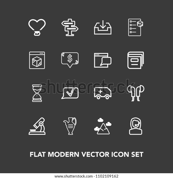 Modern, simple vector icon set on dark background\
with clock, headset, laboratory, decoration, mountain, vase, hour,\
rescue, ambulance, call, door, car, love, science, heart, sound,\
hourglass icons